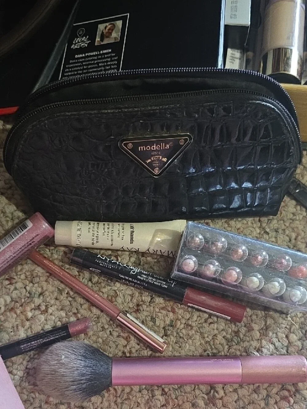 Modella Black Quilted Cosmetic Pouch with New Makeup